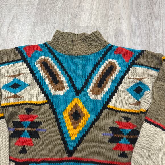 Vintage Geometric Knit Sweater Size Large Tribal Aztec Pullover 90s Native 1990s - Picture 3 of 6